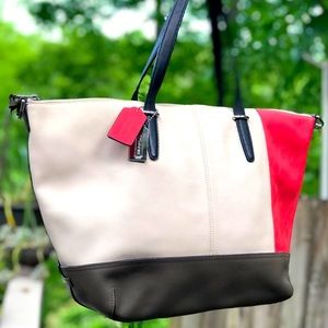 Coach Leather Tote Bag. Colorblock Chalk, Brown, Pink. Black Handle.